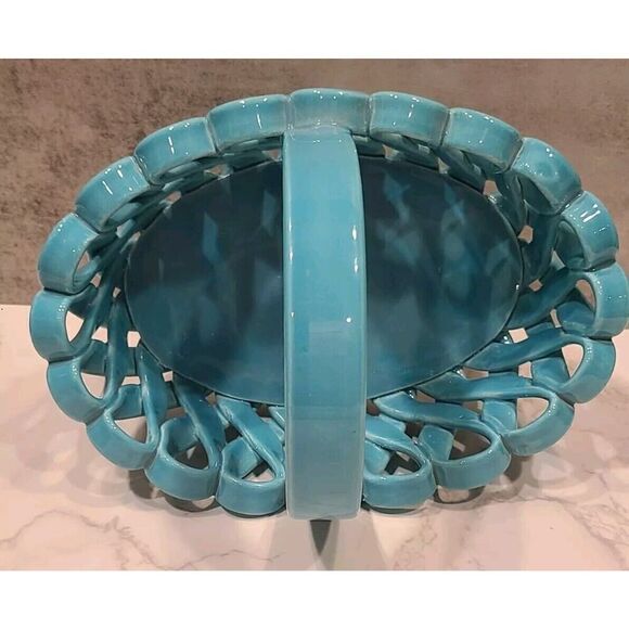 Dept. 56 Ceramic Woven Basket Turquoise Vintage Made In Italy 9" x 6" x 6.25" - Picture 8 of 9